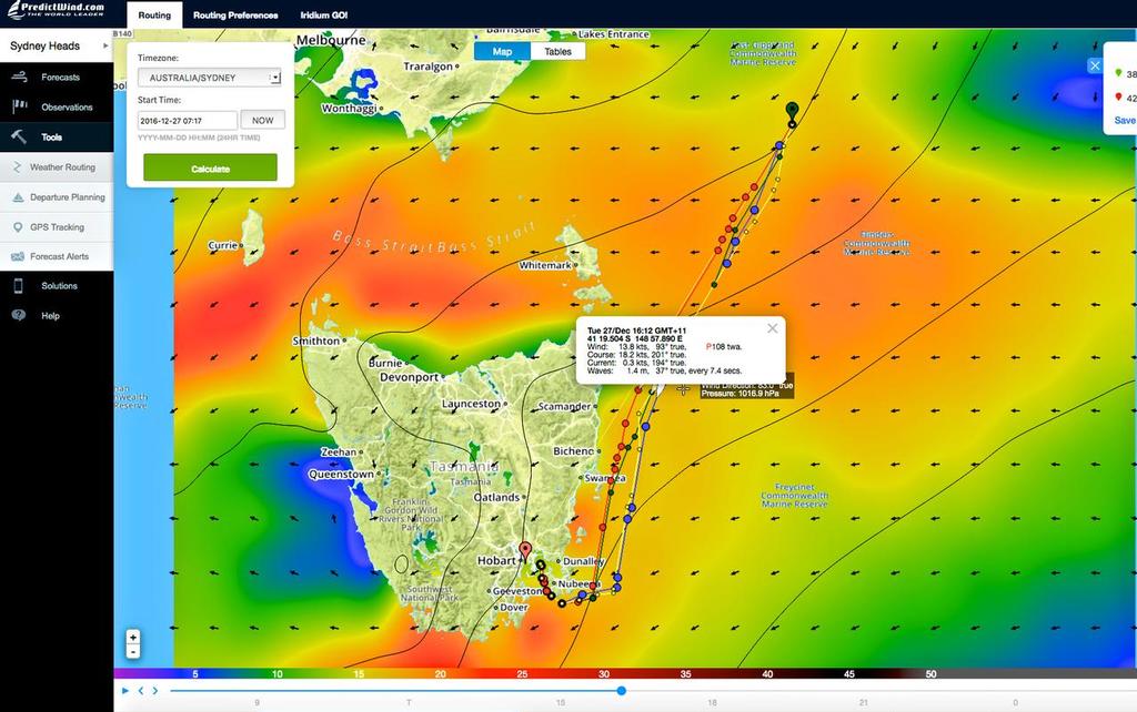 Predictwind course projections - Day 2 Rolex Sydney Hobart 2016 © PredictWind